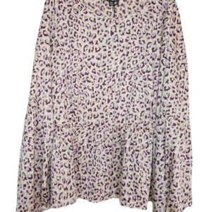 Glitzy Girl Womens Peplum Blouse Cream Purple Leopard Print Satin Plus 2X New